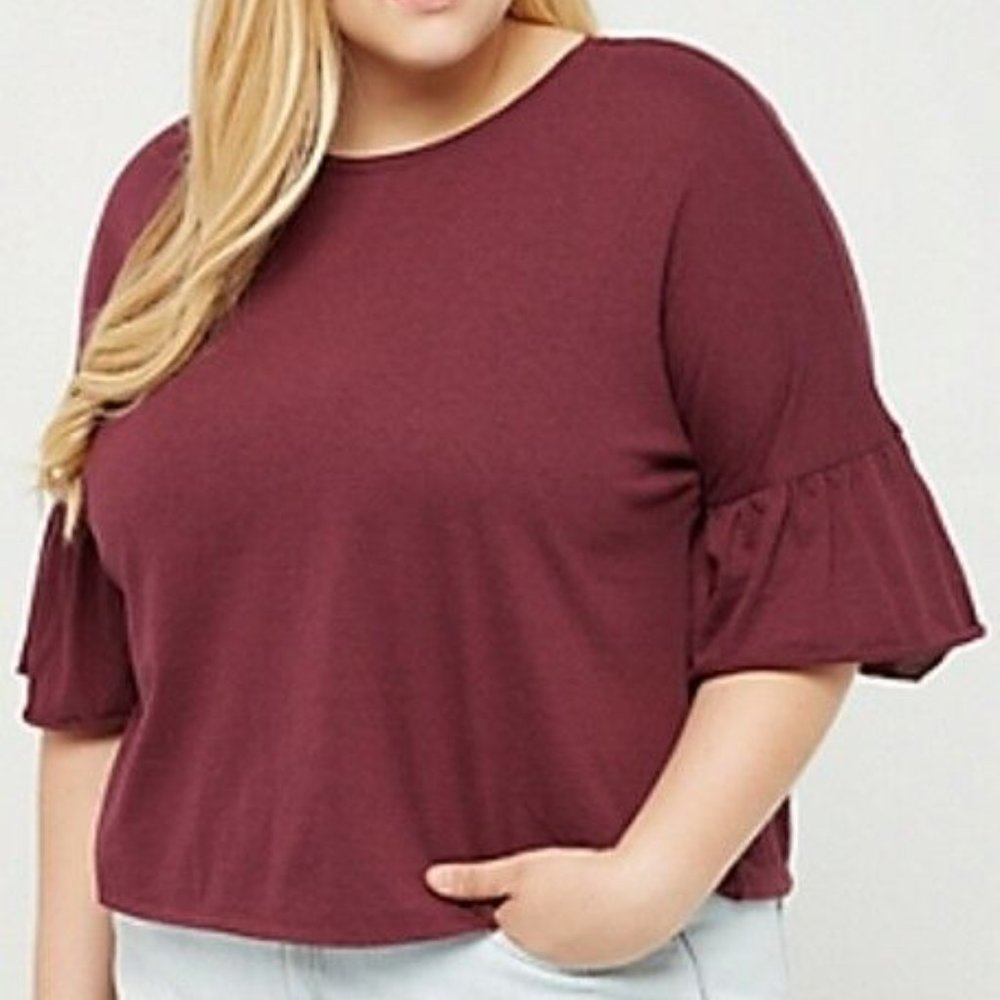 RUE21+ Women Bell Sleeve Super Soft Cropped Waist Blouse 2X Eggplant Popover Top